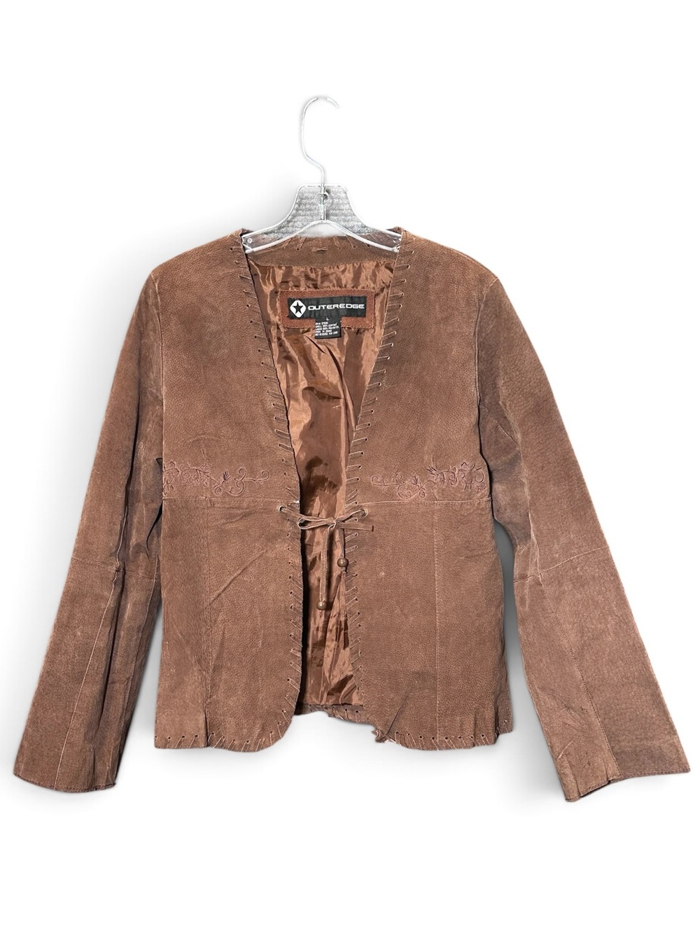 Outer Edge Womens L Brown Suede Leather Jacket Tie Front Embroidered Western Y2K